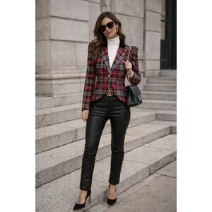 Smythe Red & Black Plaid Blazer Jacket Puff Shoulder Tartan Tailored Fit 8